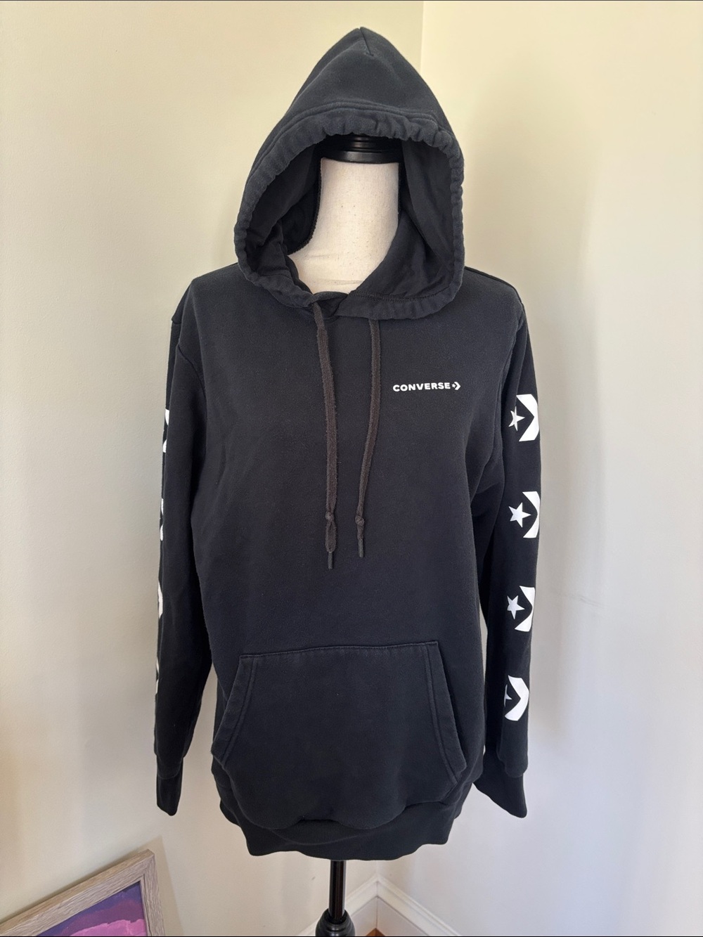 Converse Men's Black Crewneck Hoodie with White Sleeve Stars